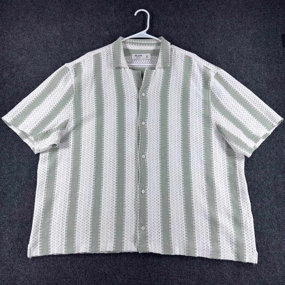 Hollister Button Down Mens XXL 2XL Green Striped Crochet Knit Boxy Fit Shirt - Picture 3 of 13